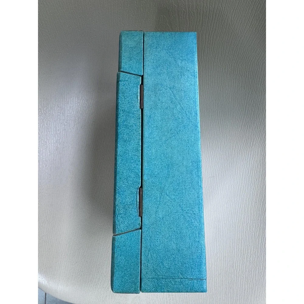 1950s Bond St. Blue Mid Century Folding Jewelry Box w Mirror Vintage Vanity Case